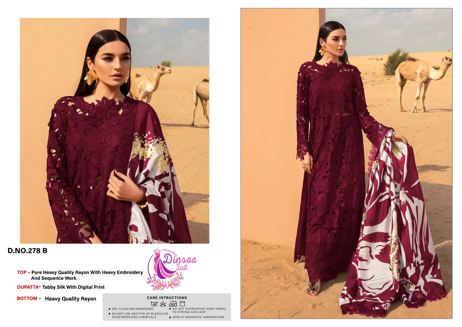 Dinsaa Suit D S No-278 A-B-C Heavy Reyon Wholesale Pakistani Salwar Suit Catalog